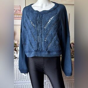 Free People Cropped Pullover Sweater Cable Knit Cotton Relax Fit in Blue Size XL